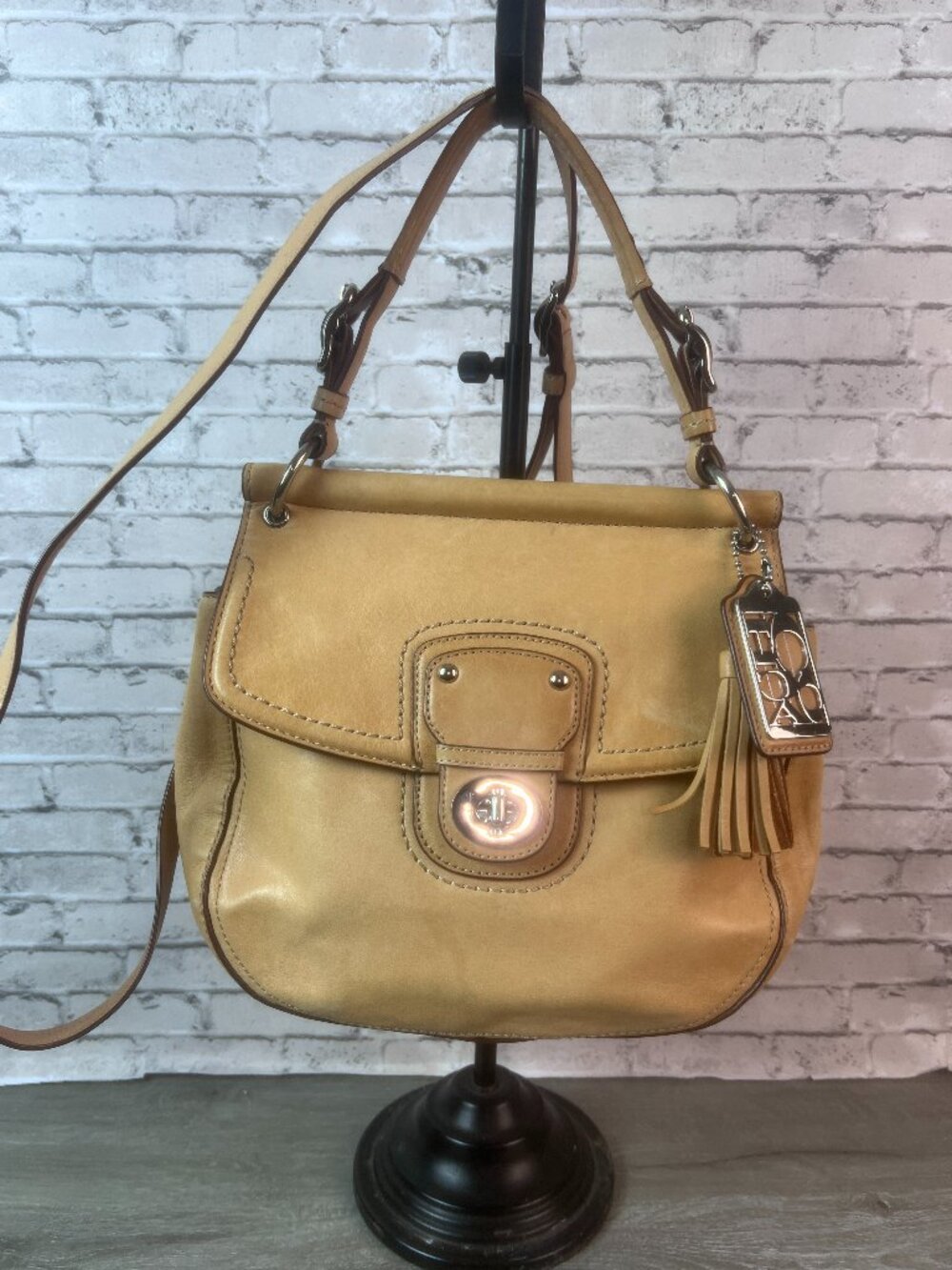 Coach Mustard Yellow Leather Shoulder Bag with Tassel Charm